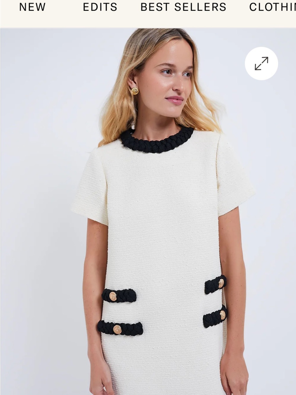Tuckernuck Ivory Bouclé Tweed Shift Dress with Gold Button Detail - Picture 5 of 9